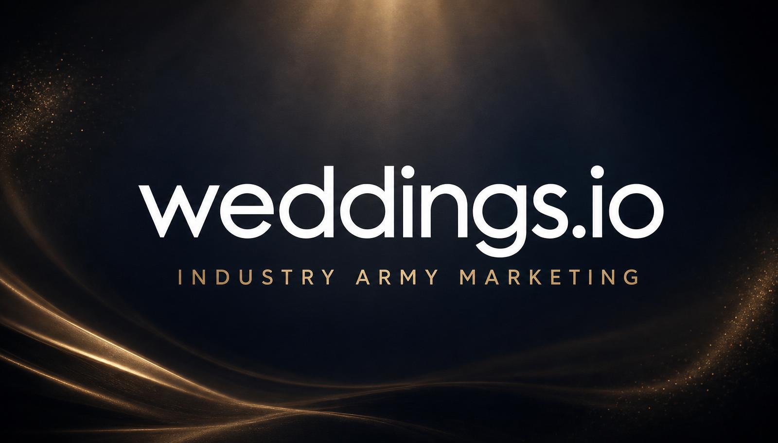 Weddings.io wordmark with Industry Army Marketing overlay on a dark navy and gold editorial backdrop — representing the IAM 150+ domain wedding ecosystem.