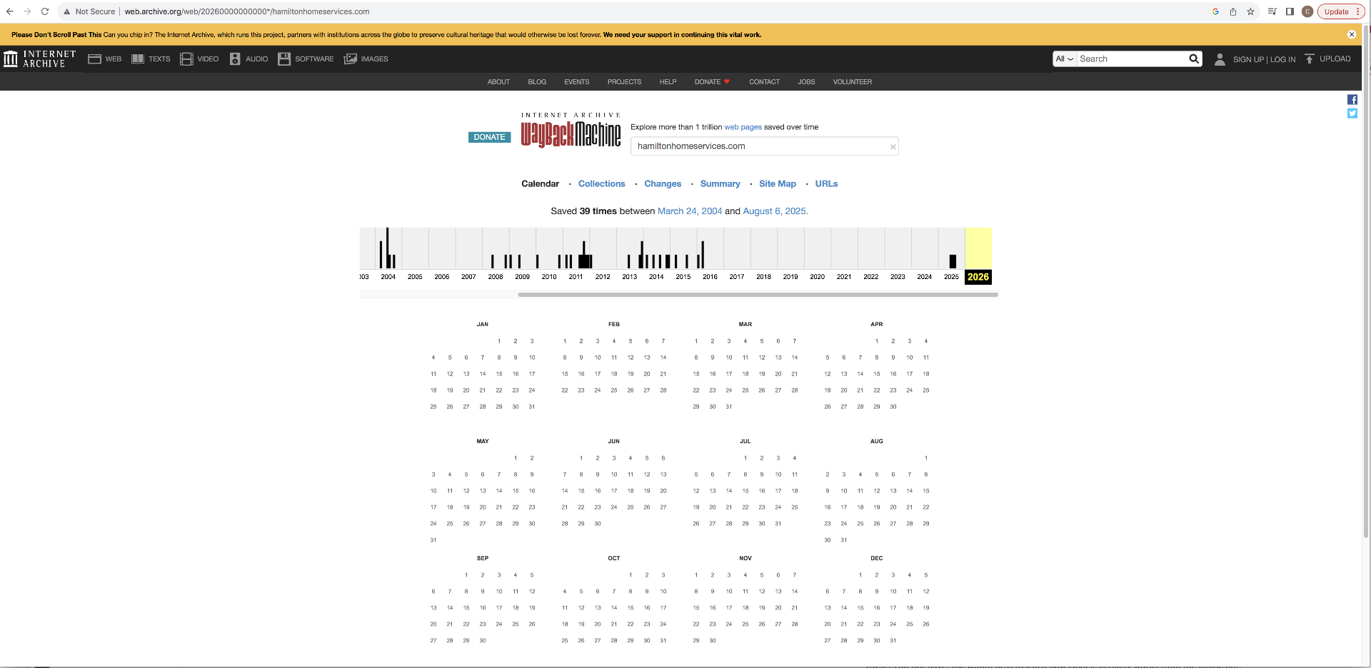 Internet Archive Wayback Machine calendar for hamiltonhomeservices.com showing 39 captures between March 24, 2004 and August 6, 2025 — proof that Industry Army Marketing has been building and operating vertical service directories since 2004, two decades before the current AI directory wave.