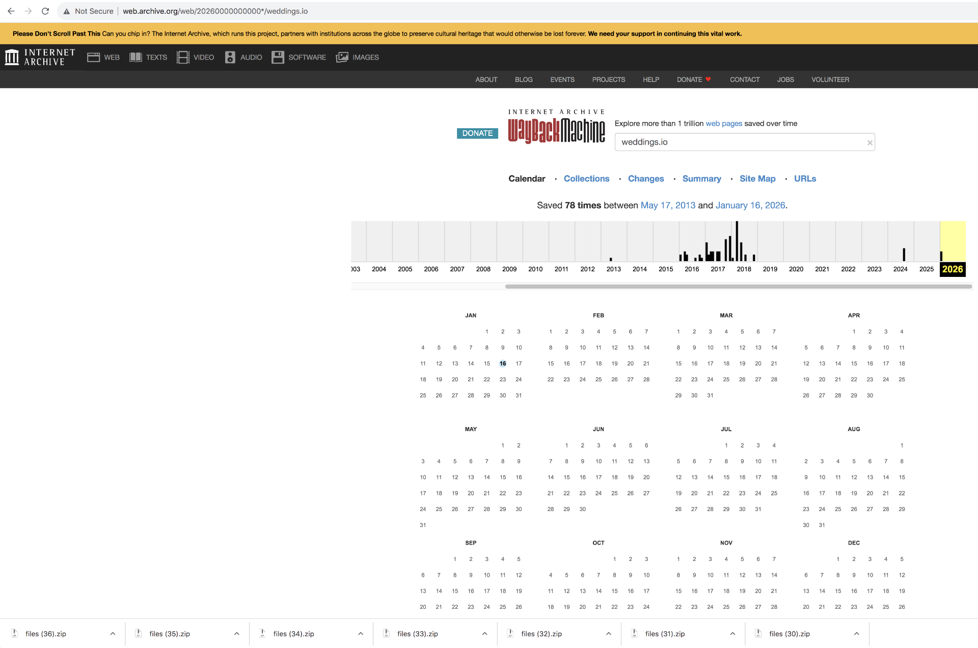 Internet Archive Wayback Machine calendar for weddings.io showing 78 captures between May 17, 2013 and January 16, 2026 — third-party proof that Industry Army Marketing has continuously operated the weddings.io domain for more than a decade.