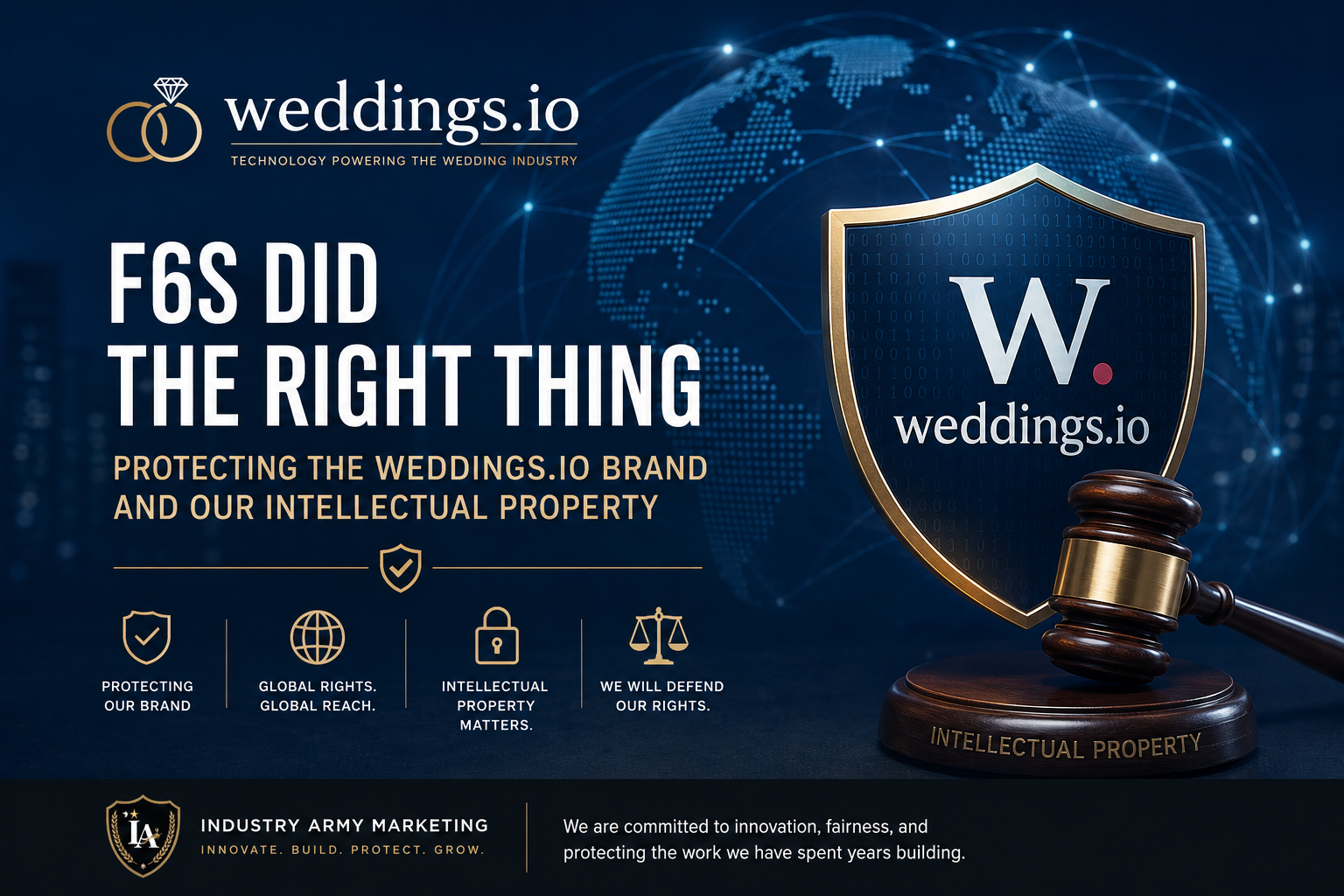 Weddings.io shield and gavel over a global network graphic with the headline 'F6S Did the Right Thing — Protecting the Weddings.io Brand and Our Intellectual Property.'