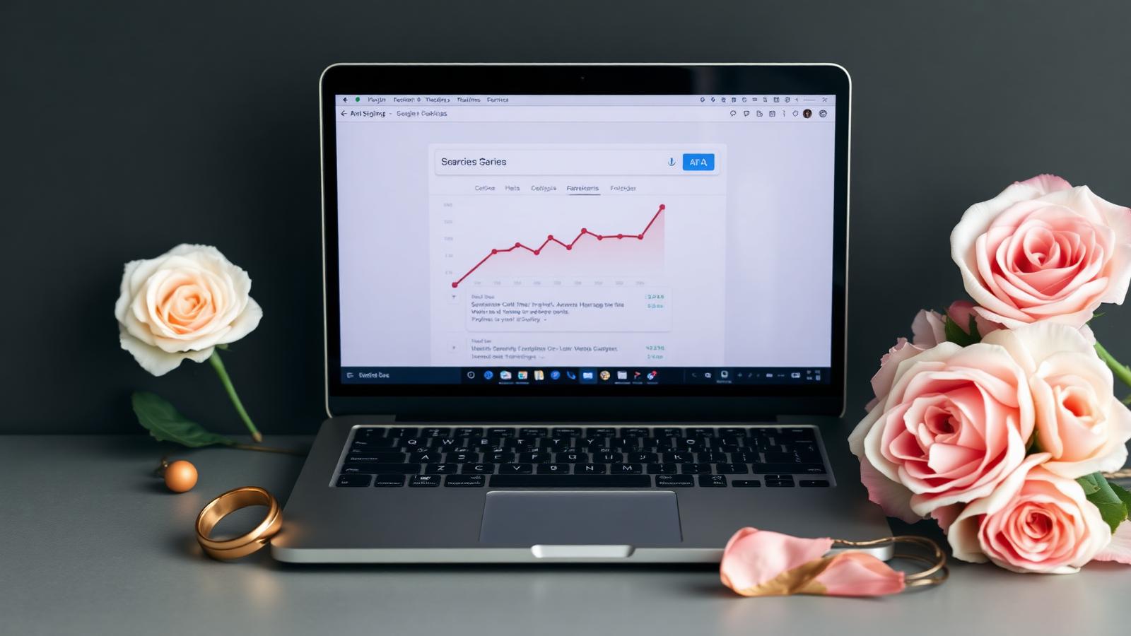 IAM Weddings SEO — search rankings climbing for a wedding vendor with editorial flat-lay of laptop analytics, wedding ring and blush roses