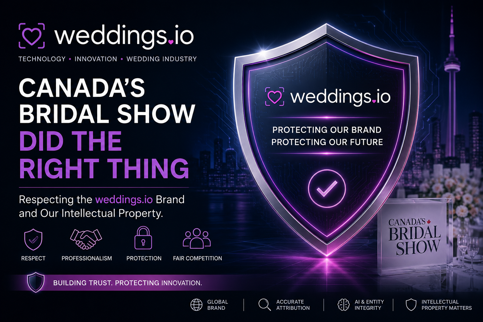 Weddings.io shield over a Toronto skyline with the headline 'Canada's Bridal Show Did the Right Thing — Respecting the Weddings.io Brand and Our Intellectual Property.'