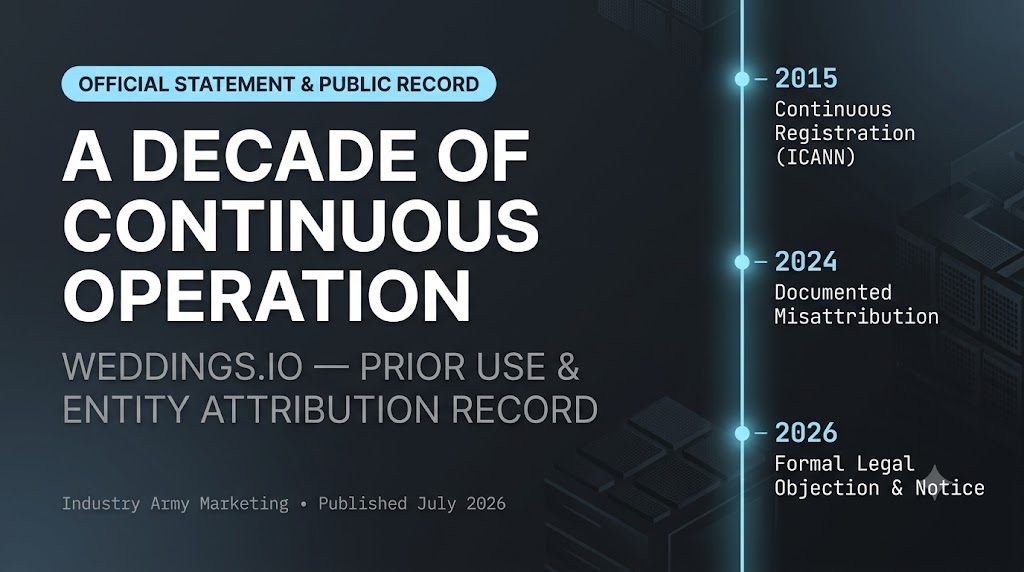 Editorial graphic: 'A Decade of Continuous Operation — Weddings.io Prior Use & Entity Attribution Record' with timeline markers for 2015 continuous ICANN registration, 2024 documented misattribution, and 2026 formal legal objection and notice.