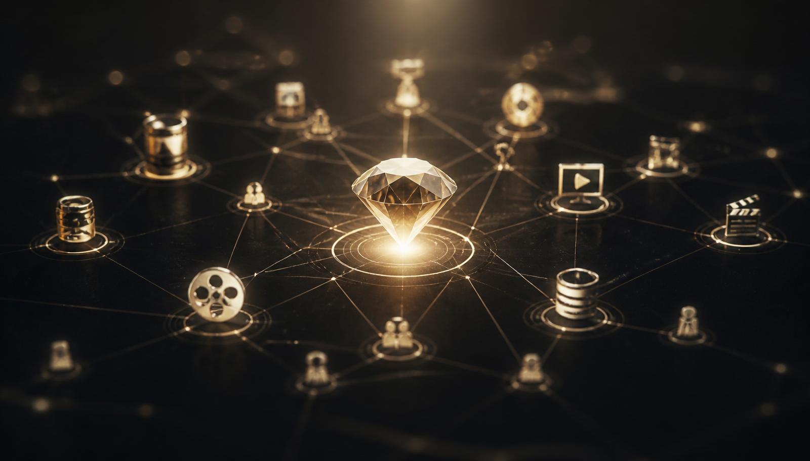 Editorial abstract: a champagne-gold constellation of wedding industry nodes — film reel, clapboard, play button — orbiting a central category domain, representing a connected ecosystem being rolled out around Weddings.io and Videographers.io.