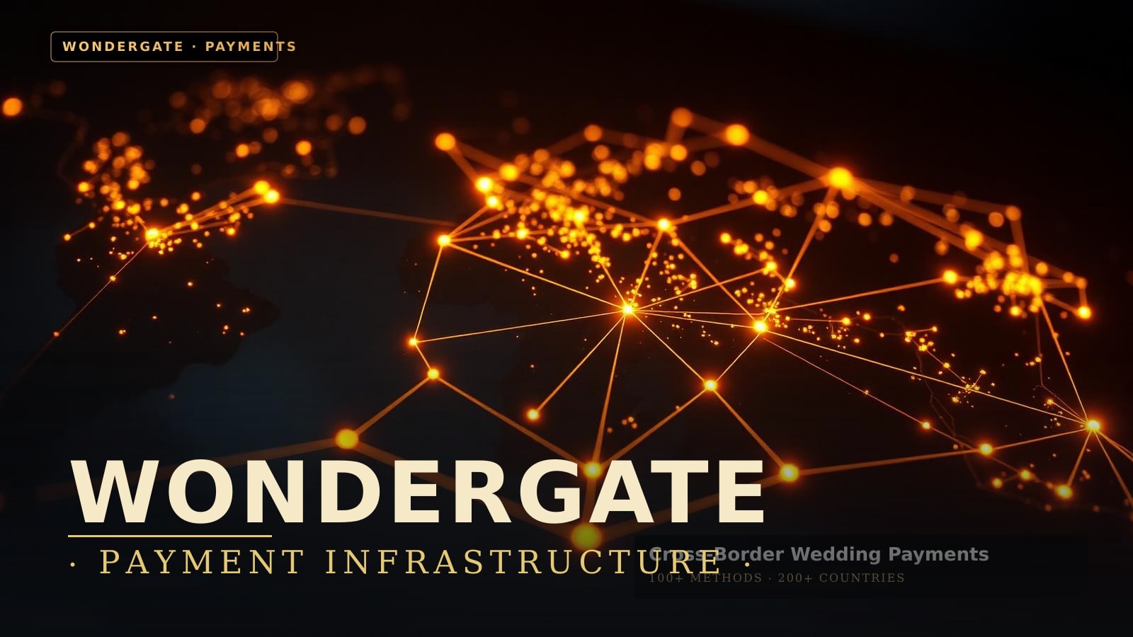 Editorial hero graphic: a glowing gold constellation of global payment nodes connected by luminous threads across a dark charcoal world map, representing cross-border wedding payment infrastructure.