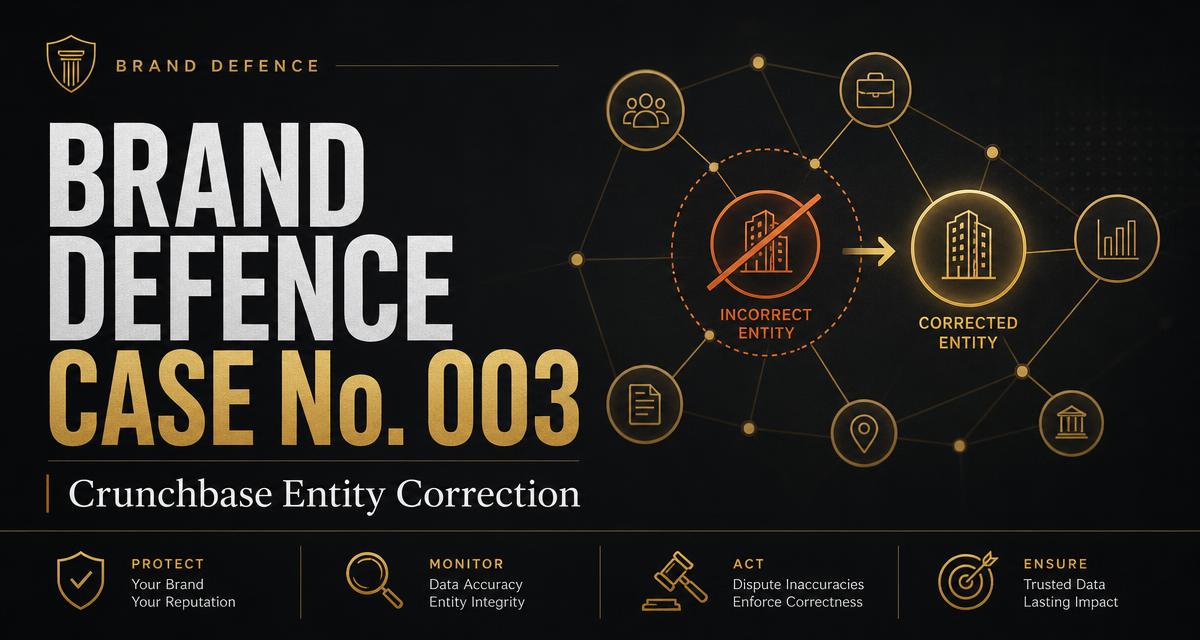 Editorial graphic: 'Brand Defence Case No. 003 — Crunchbase Entity Correction' with a knowledge-graph motif showing an incorrect entity node struck through and corrected to the authoritative entity.