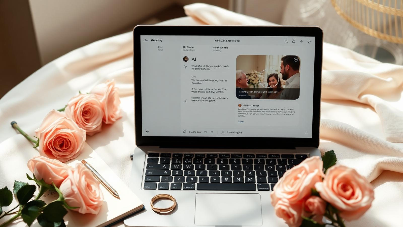 Editorial flat lay of a laptop showing an AI chat recommending wedding vendors, surrounded by blush roses and a wedding ring