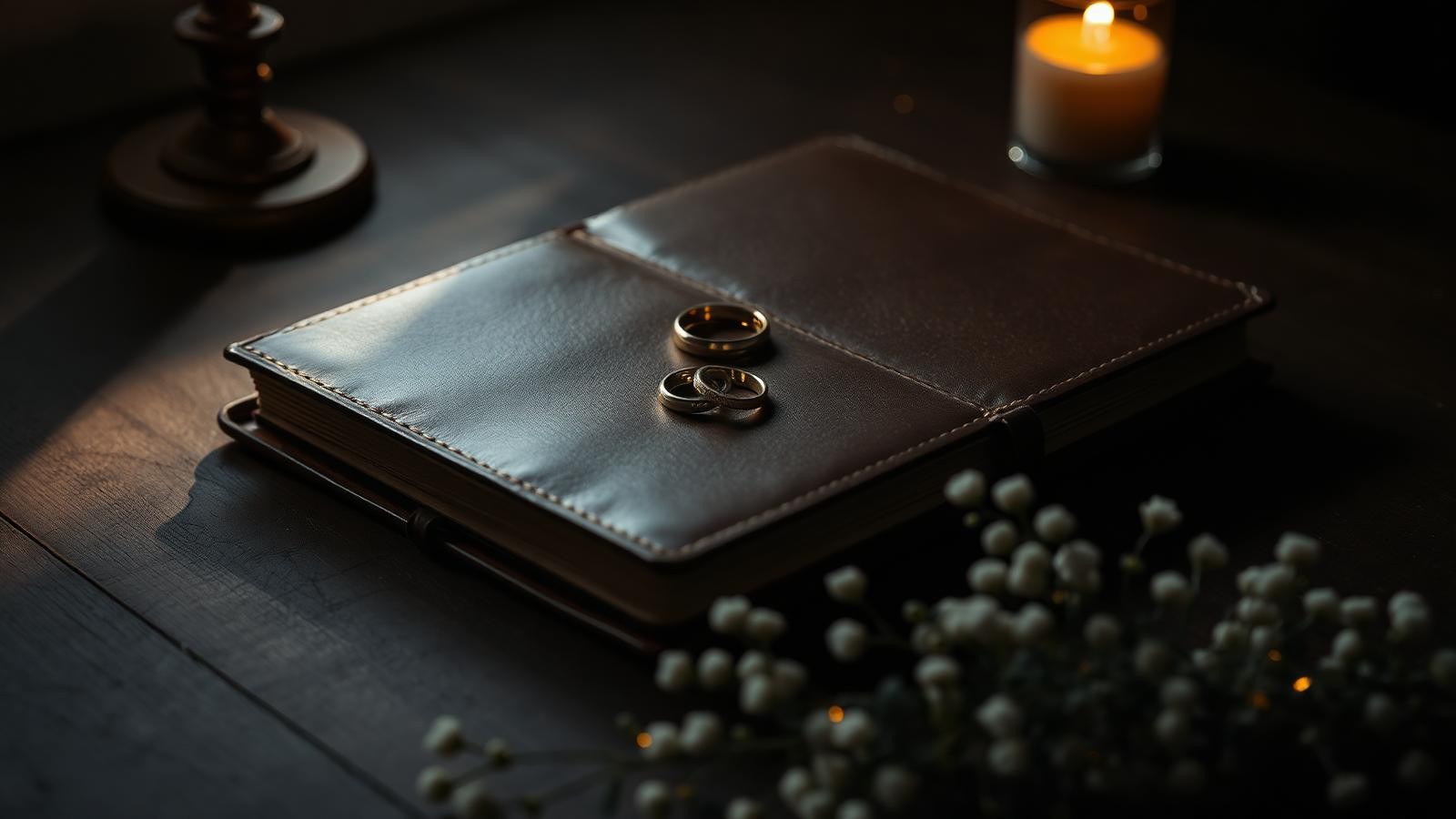 Editorial dark still-life of a leather wedding planning journal with gold rings, warm candlelight, and dried florals — symbolizing the shift from AI as a drafting tool to AI as background infrastructure in modern wedding planning.