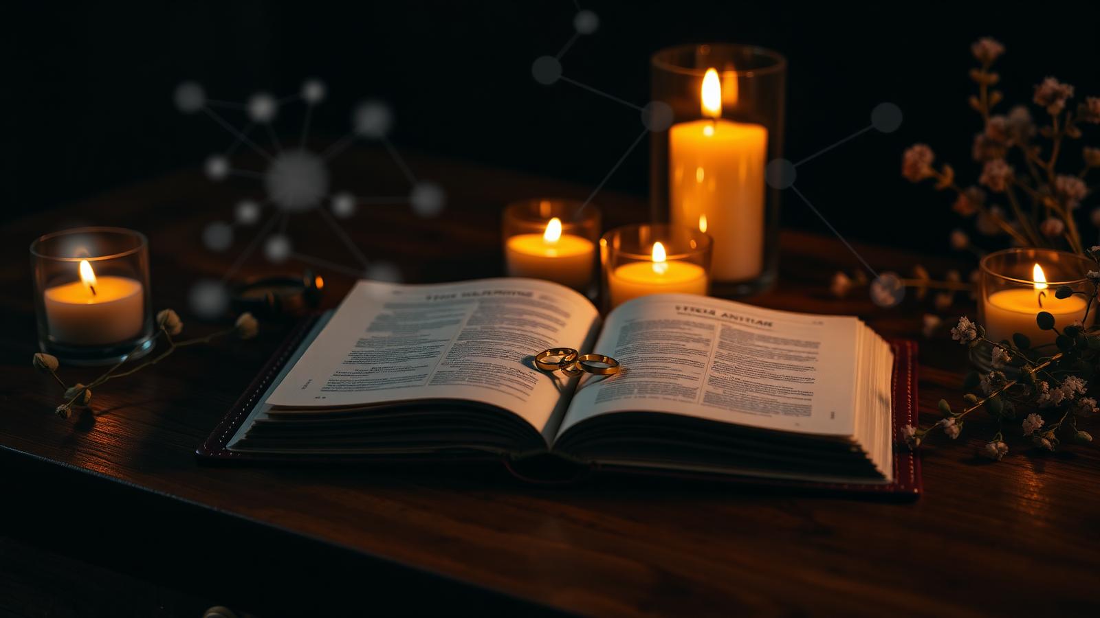 Editorial dark still-life of an open wedding planning journal with gold rings and warm candlelight, faint network-node overlays hinting at an ecosystem of connected wedding platforms.