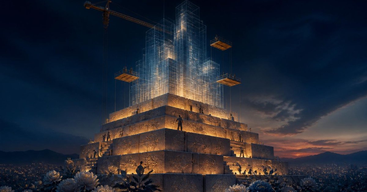 Cinematic dark editorial illustration of a golden-lit stone pyramid foundation with a translucent skyscraper being constructed above it — symbolizing platform depth built before financial infrastructure is layered on top.