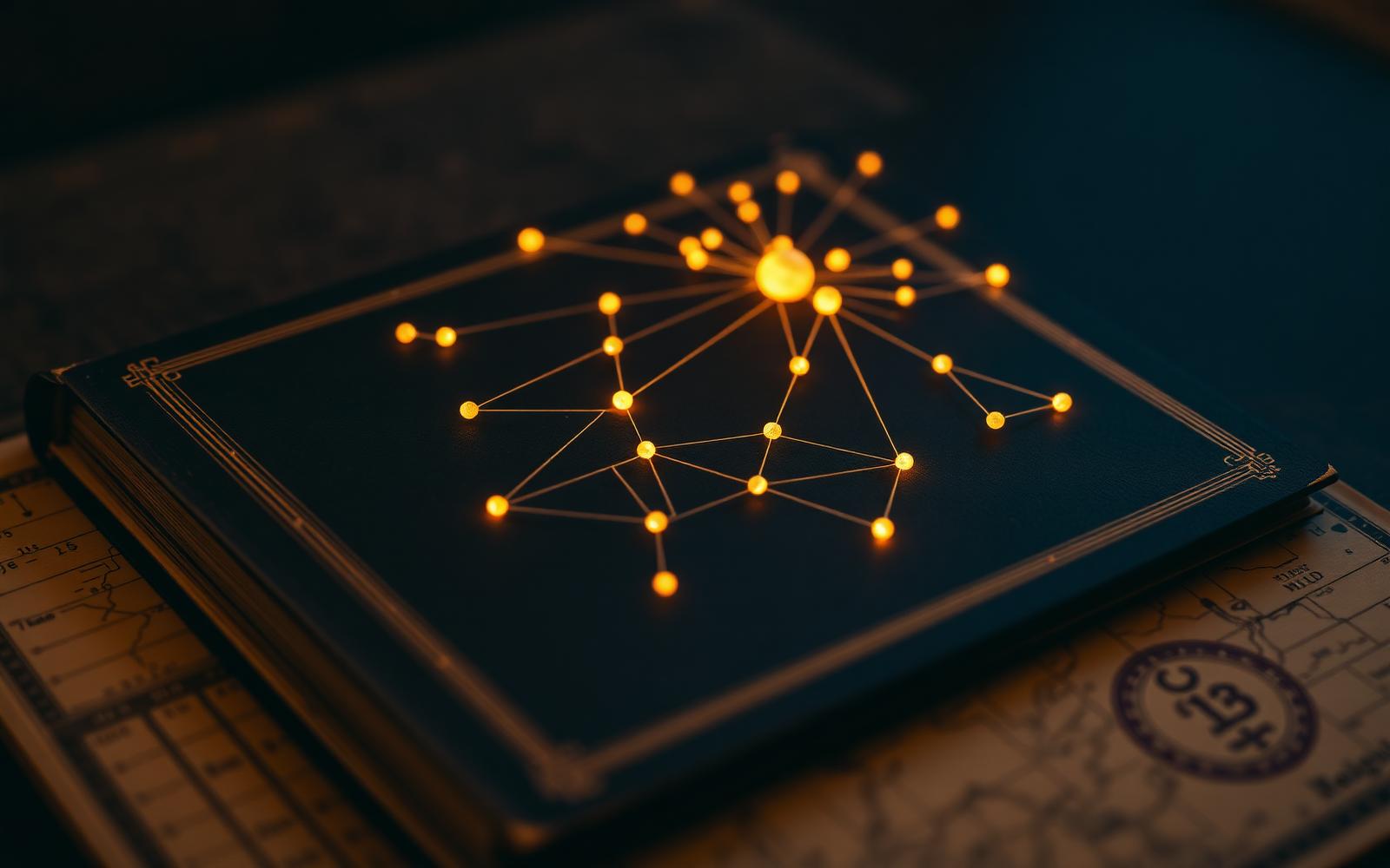 Editorial dark still life of a glowing knowledge-graph network overlaid on an antique ledger and map, symbolizing entity authority and continuous chain of title in modern SEO
