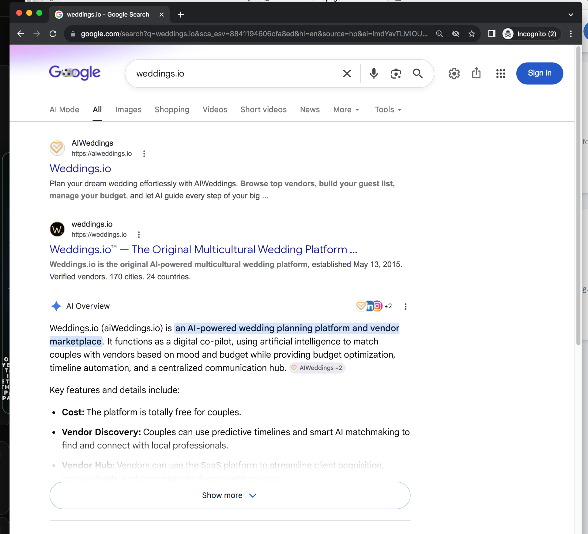 Google search results page for the query 'weddings.io' showing the verified Weddings.io knowledge panel — established May 13, 2015 as the multicultural wedding platform — listed above a variant 'AIWeddings' domain result