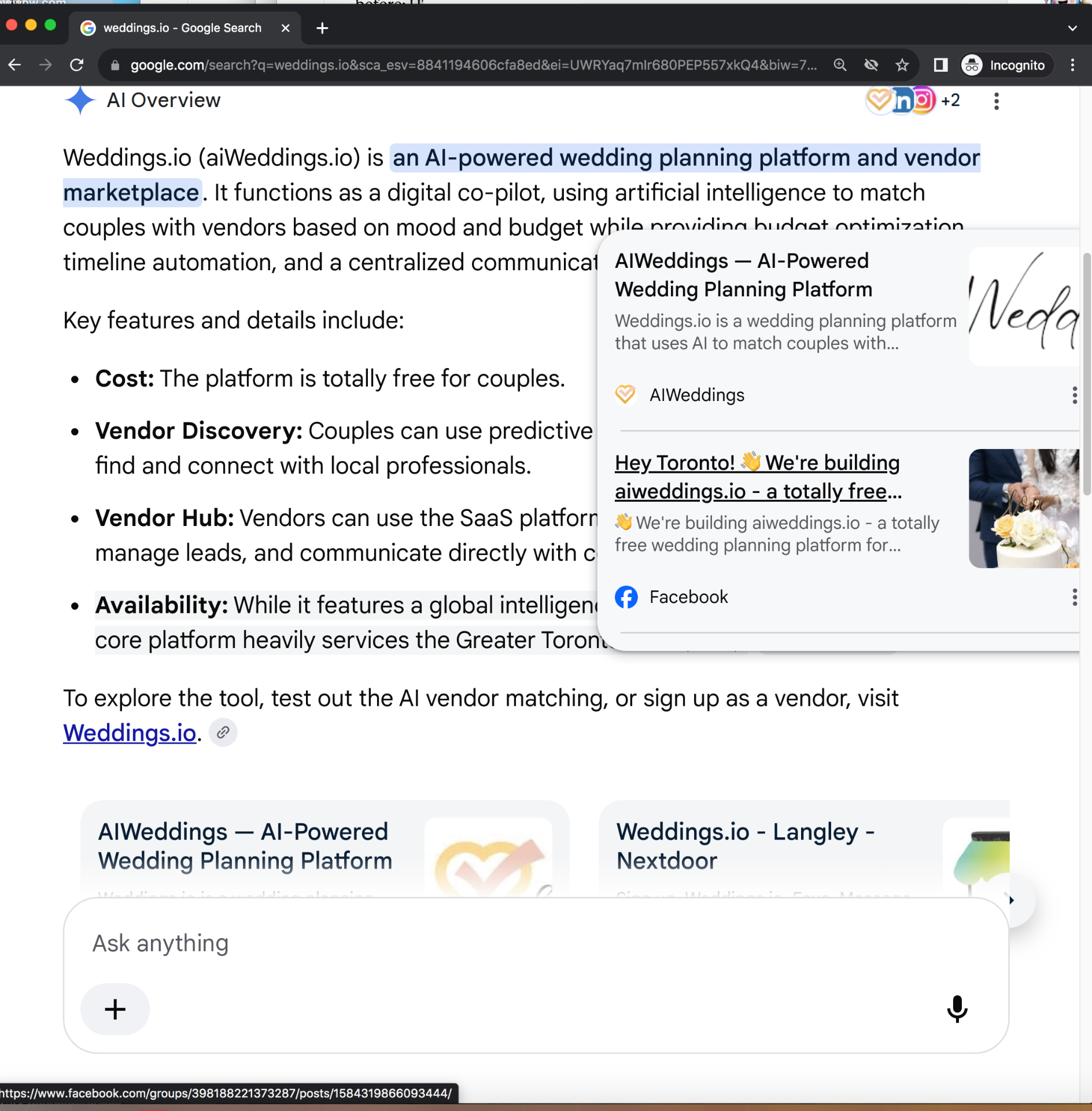 Google AI Overview answer box summarizing the wedding platform category, with the source citation link resolving to weddings.io as the canonical entity rather than a variant domain