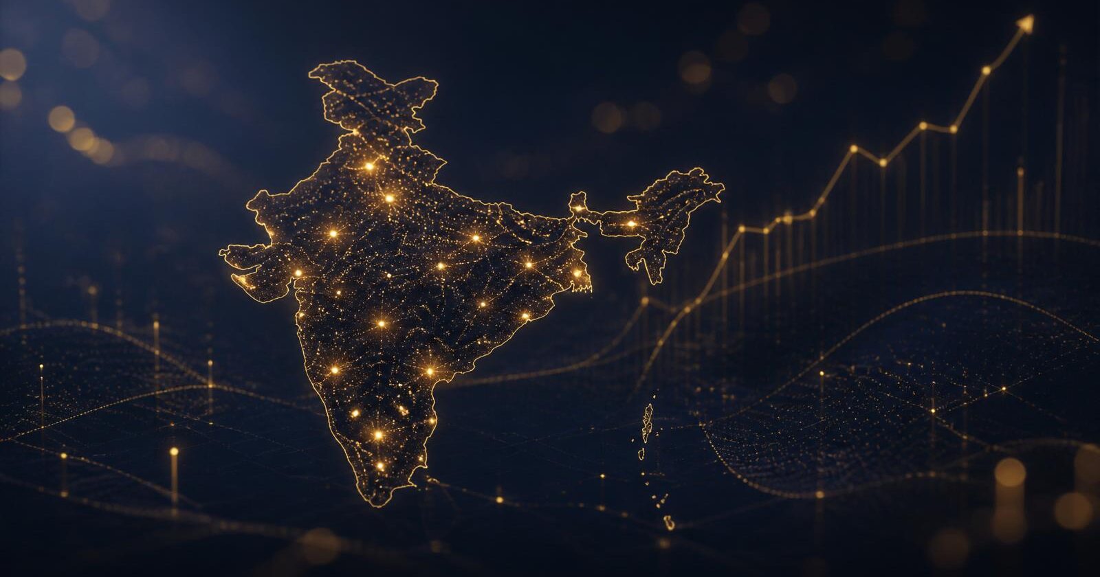 Dark editorial data-dashboard visualisation of India lit by golden data points across major cities, overlaid with an upward-trending line graph representing wedding market growth to 2026.