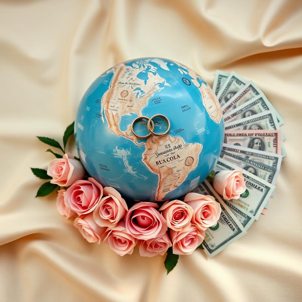 Editorial flat lay: a globe encircled by wedding rings, blush roses, and currency notes from multiple countries symbolizing Purchasing Power Parity pricing for a global wedding platform