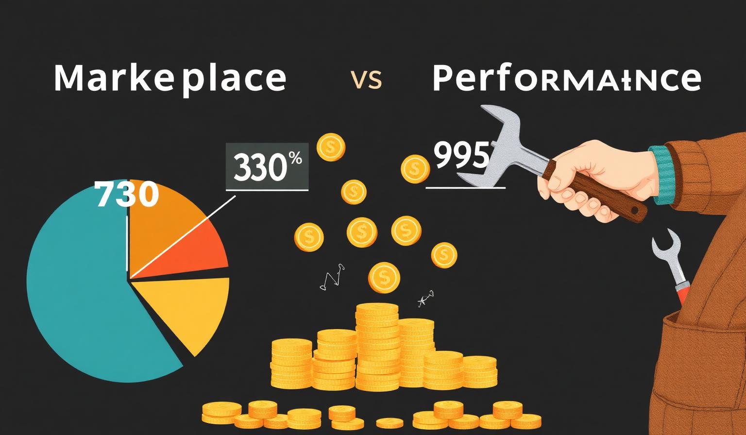 Side-by-side comparison: traditional wedding marketplace 70/30 fee split versus the Weddings.io 95/5 performance model with coins flowing to a tradesperson