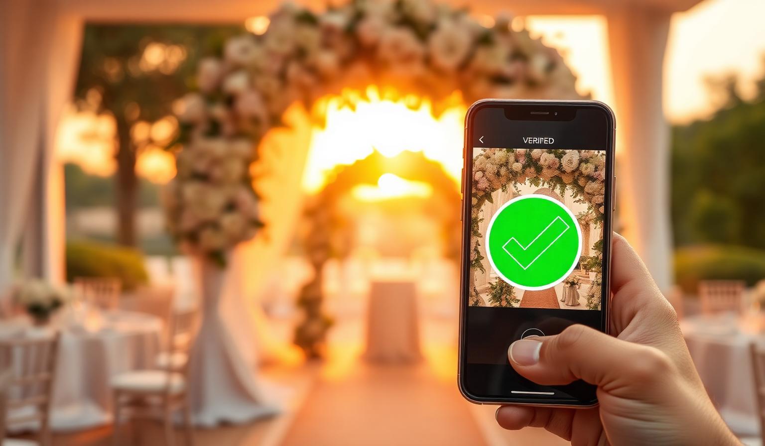 Smartphone showing a verified green checkmark over a wedding floral arch at golden hour, illustrating Weddings.io AI visual reasoning