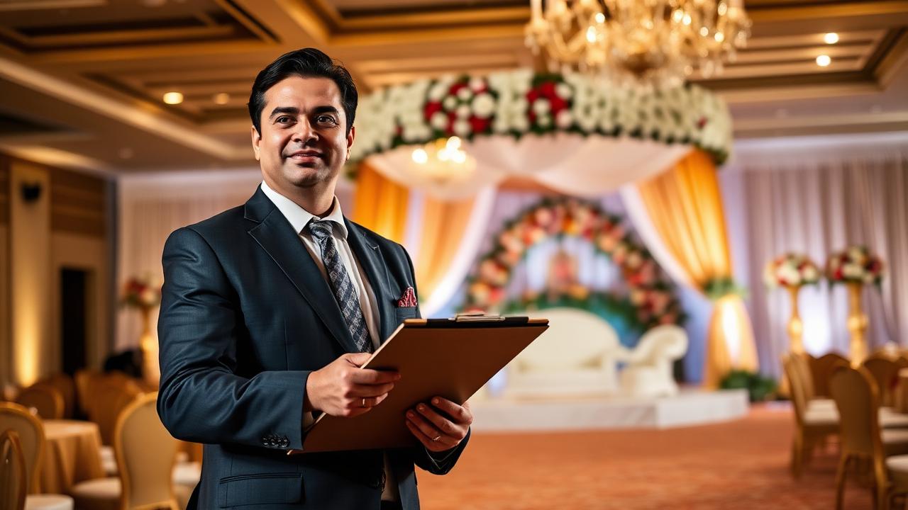 A confident South Asian wedding planner standing inside a luxurious decorated reception venue