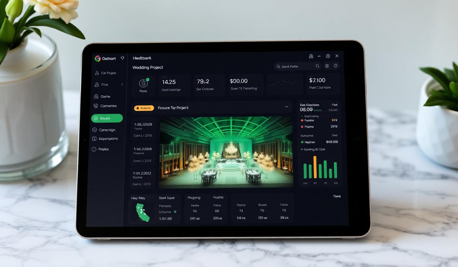 Tablet displaying the Weddings.io Green Light dashboard with wedding project nodes turning green and an event venue heat map overlay