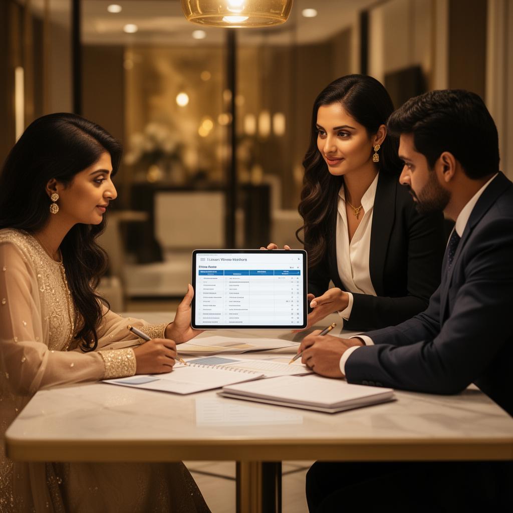 A South Asian couple meeting with a professional wedding planner reviewing a tablet of vendors and timelines