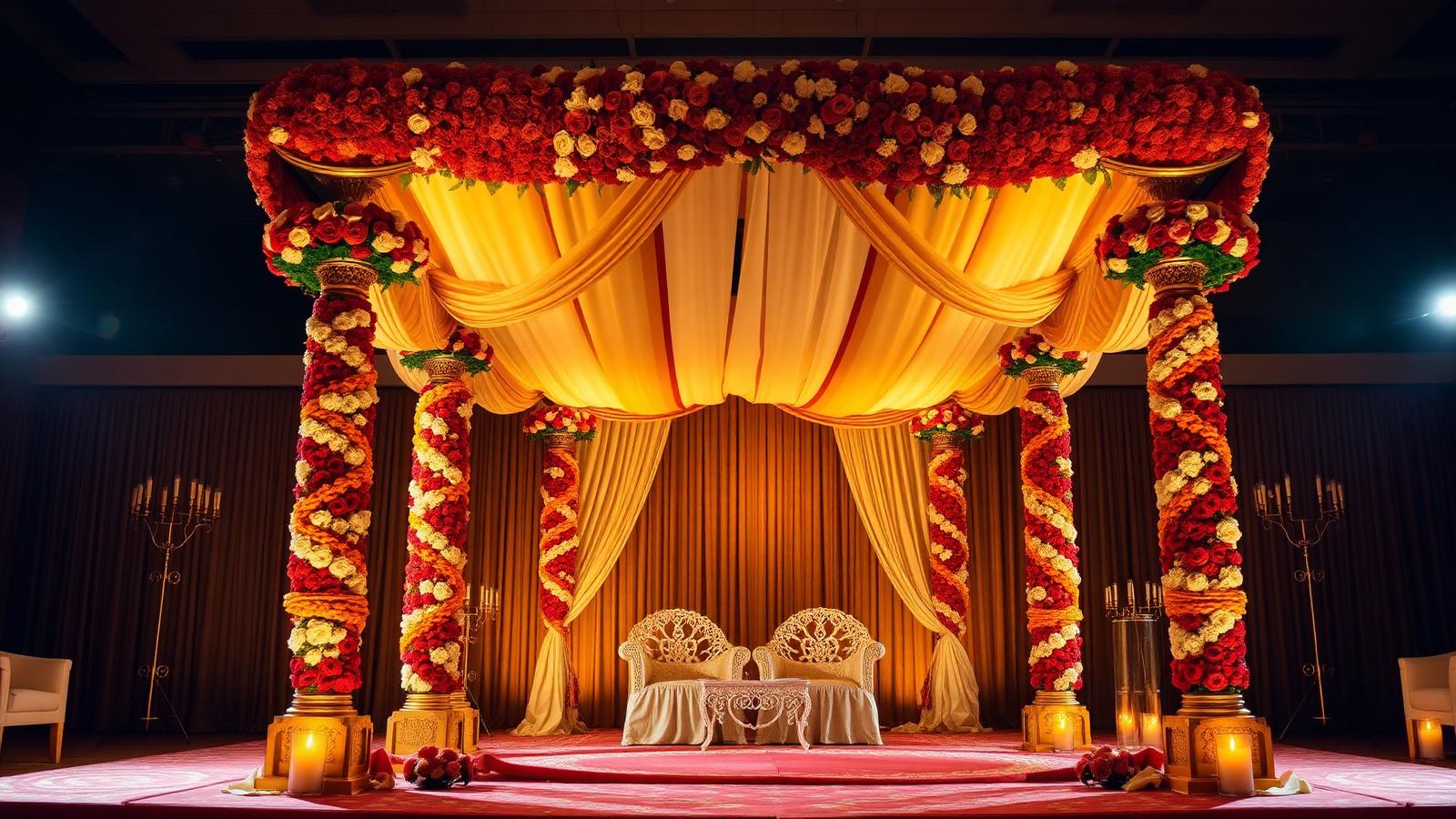 Luxury Hindu wedding mandap with carved pillars and floral canopy