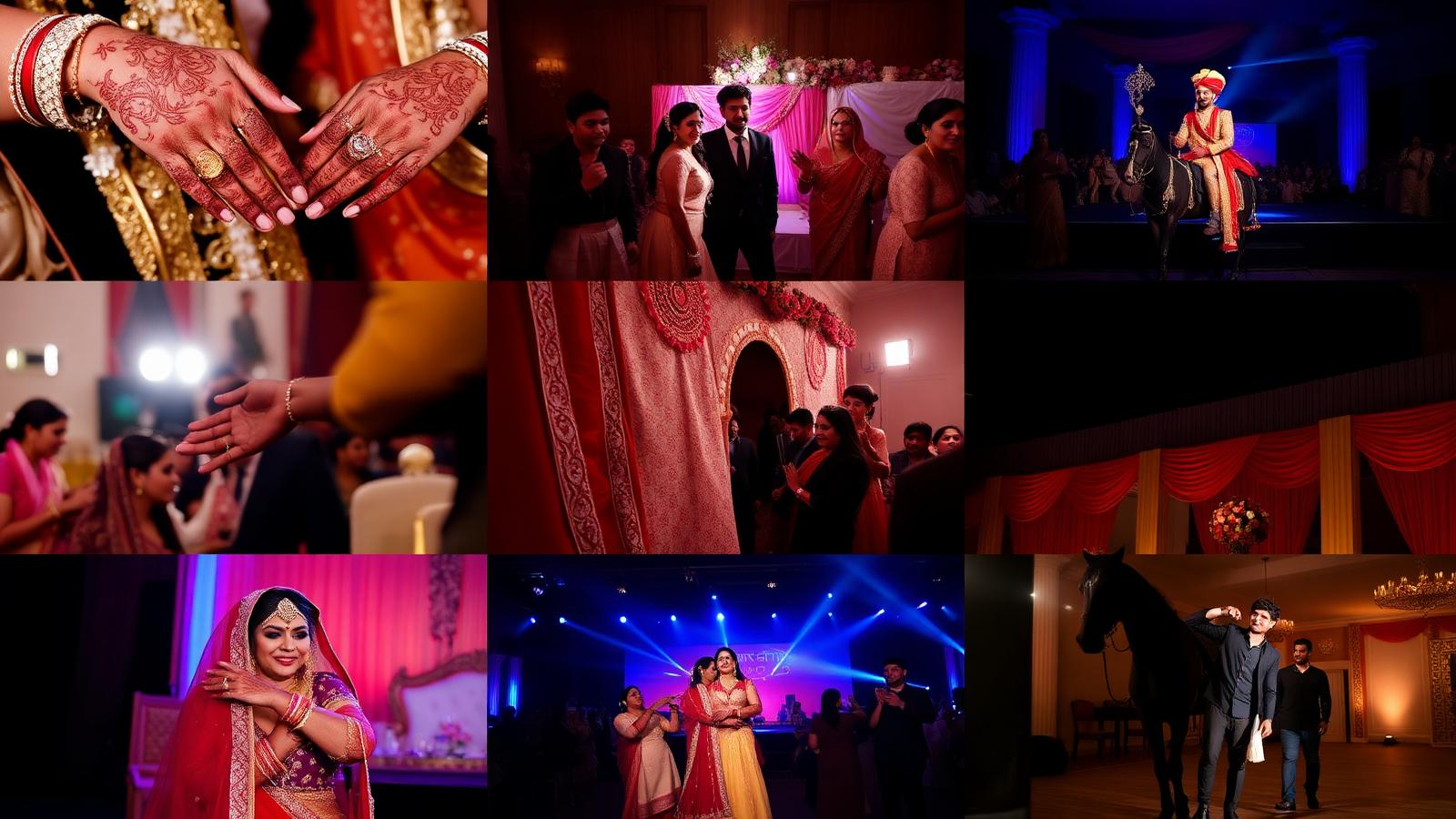 Multi-day Indian wedding logistics board covering mehndi sangeet baraat ceremony and reception