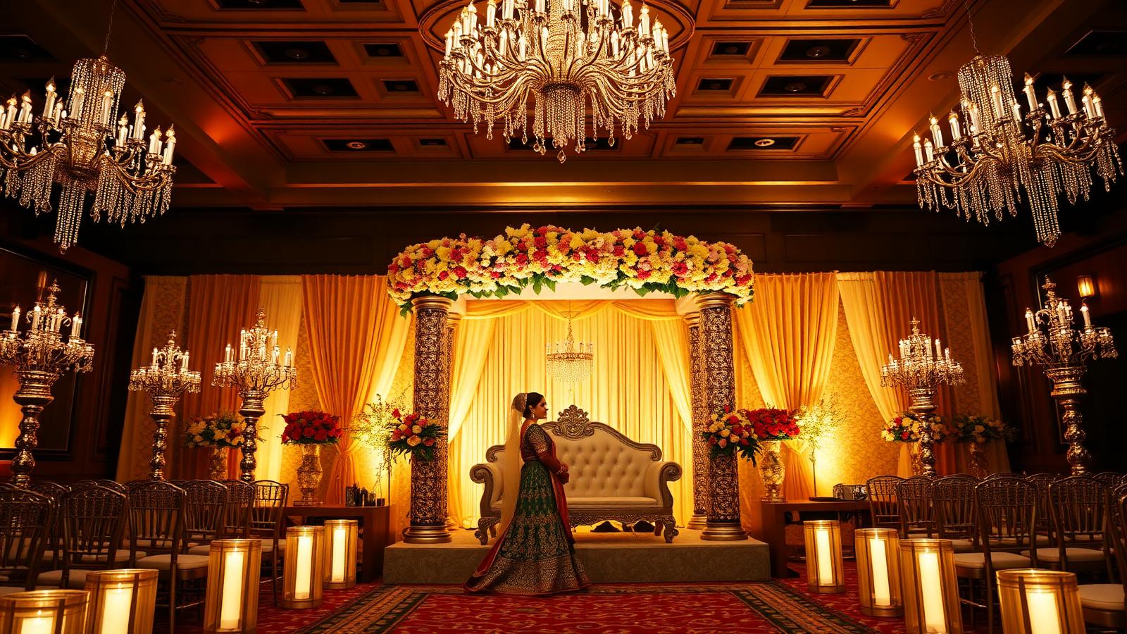 Elegant South Asian wedding mandap with marigold florals and gold pillars in warm candlelight