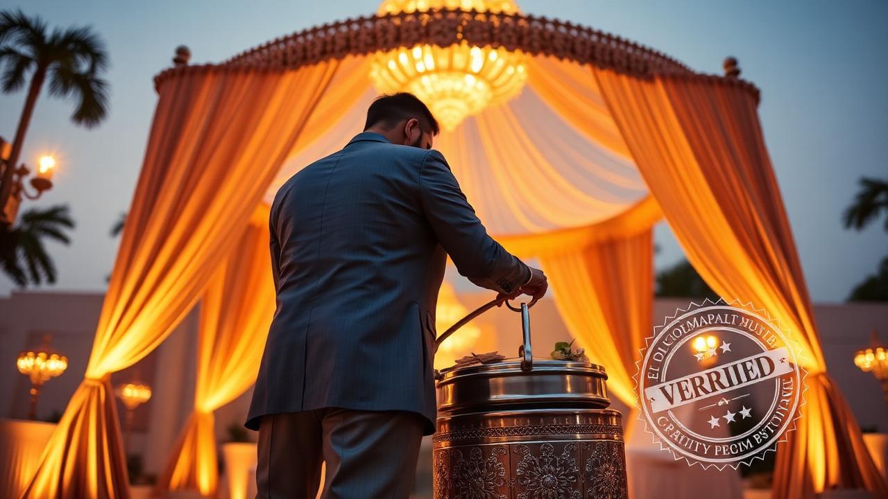 South Asian wedding vendor preparing service at a luxurious mandap with a verified badge overlay