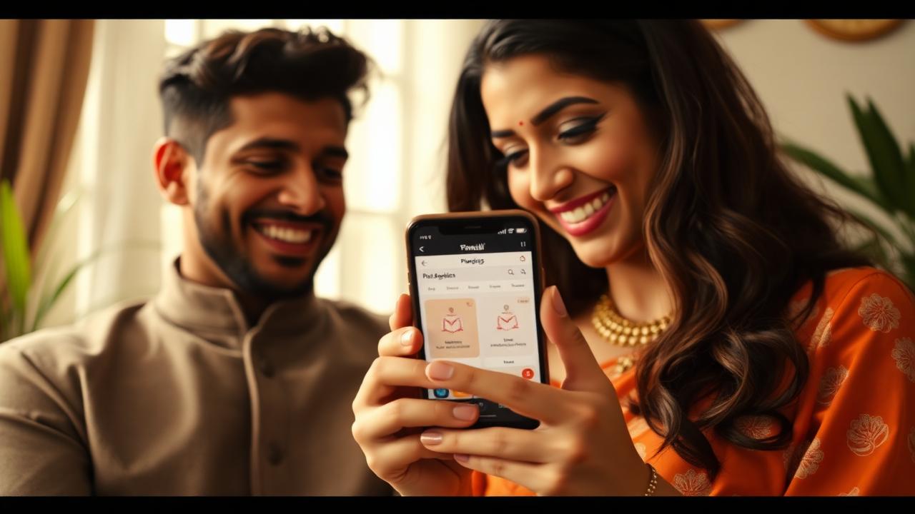 A South Asian couple smiling at a smartphone showing the Weddings.io wedding planning app