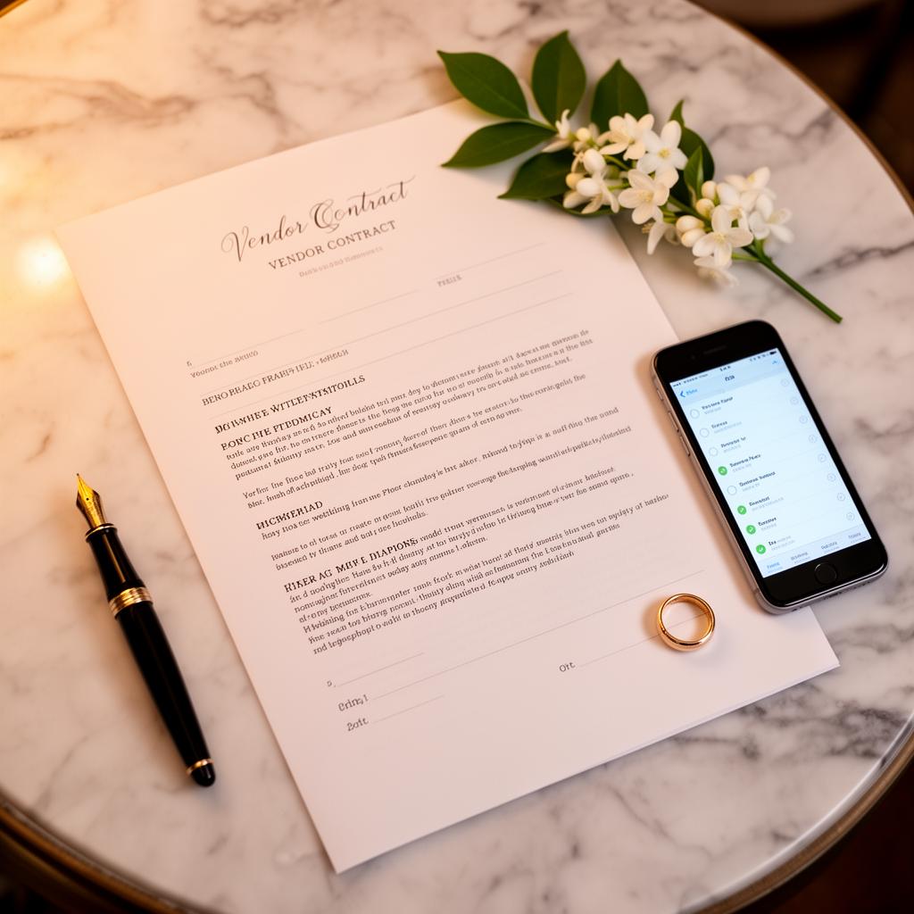 A wedding vendor contract on a marble desk with a fountain pen, gold ring, and a smartphone showing a checklist