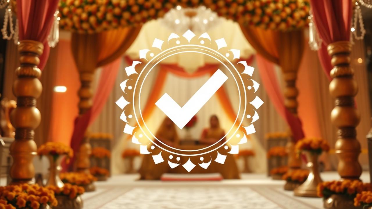Verification badge overlaid on an elegant South Asian wedding mandap with marigold flowers