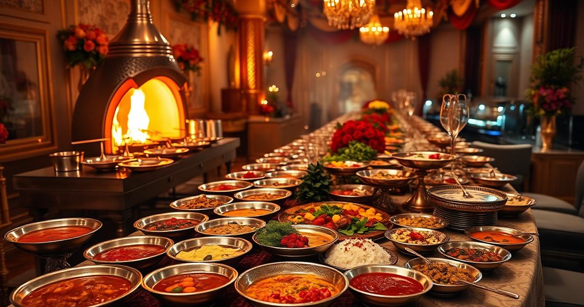 South Asian wedding catering spread — traditional thali, live tandoor station and fusion plating