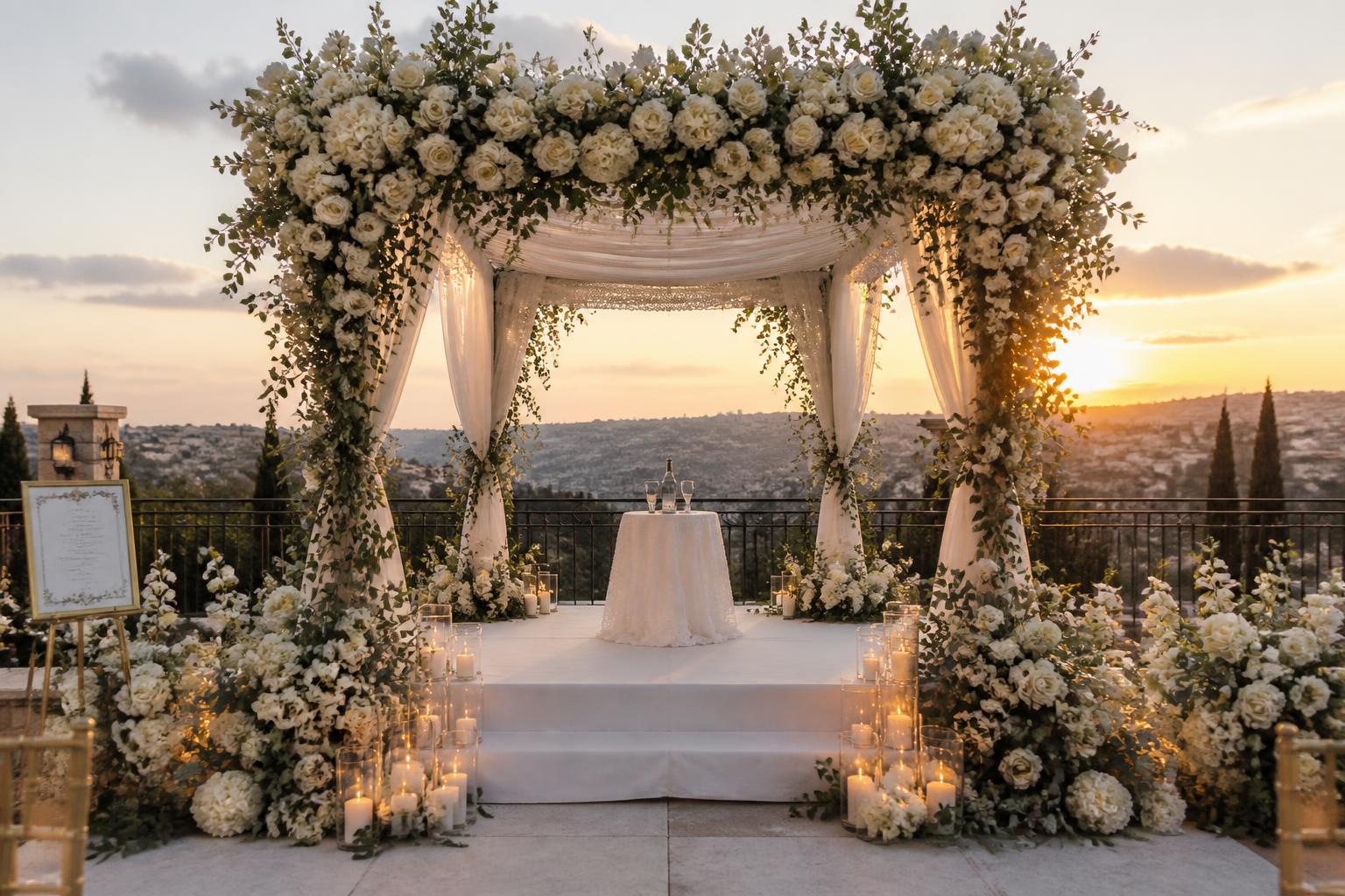 Jewish wedding chuppah with floral canopy and ceremony seating