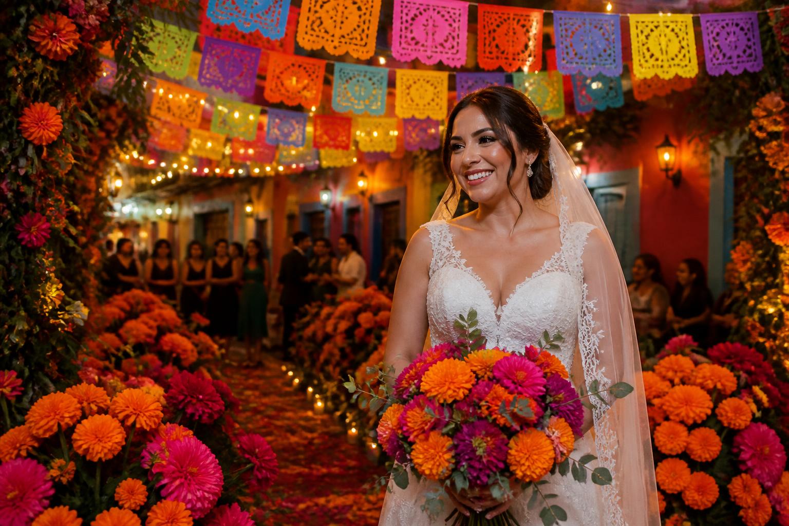Mexican wedding ceremony with lasso tradition, flowers and mariachi music