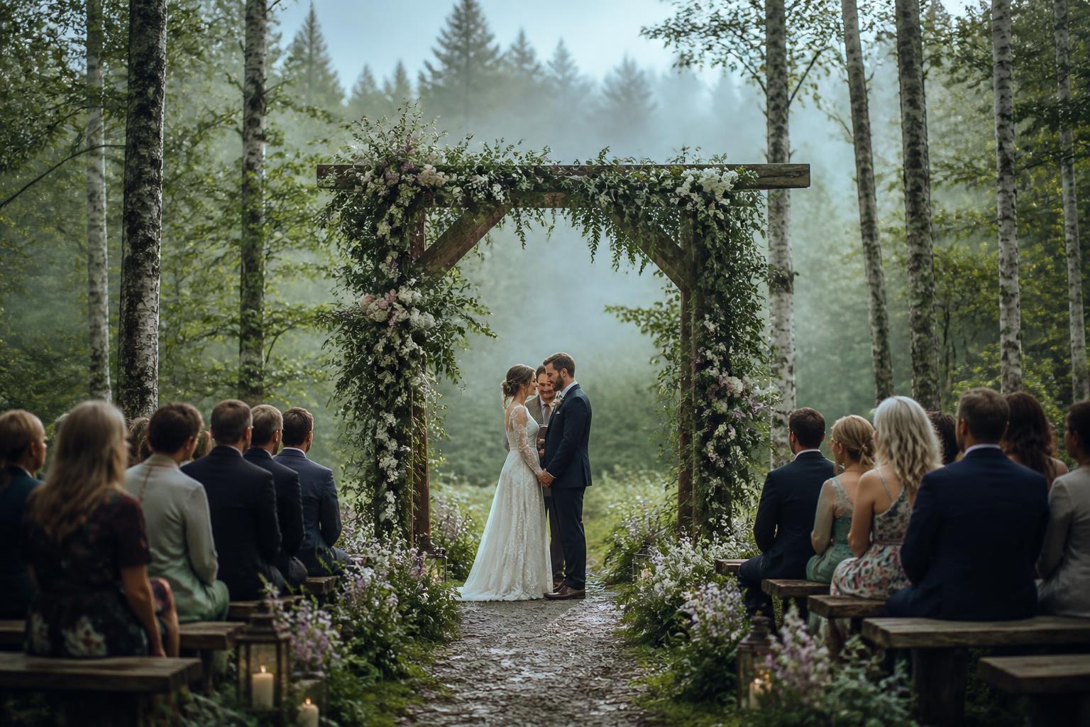 Nordic outdoor wedding with forest ceremony, long table dinner and foraged florals