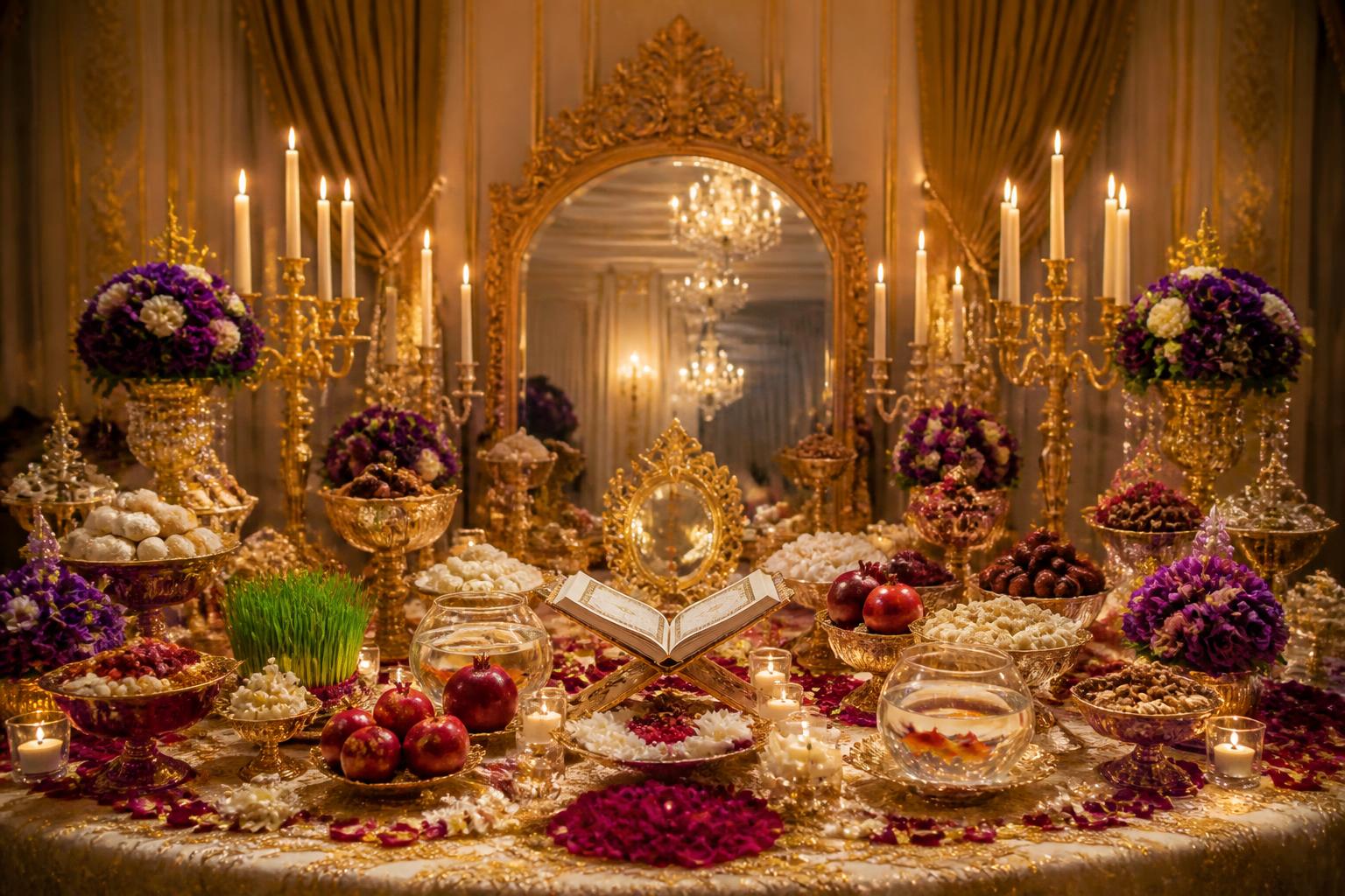 Persian Sofreh Aghd wedding table with mirror, candles, sweets and flowers