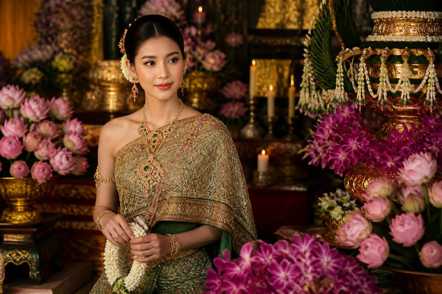 Southeast Asian wedding water blessing ceremony with floral garlands and family elders