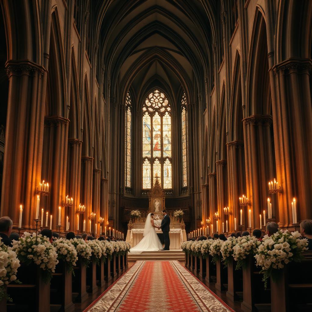 Traditional church wedding ceremony with altar, candles and floral aisle