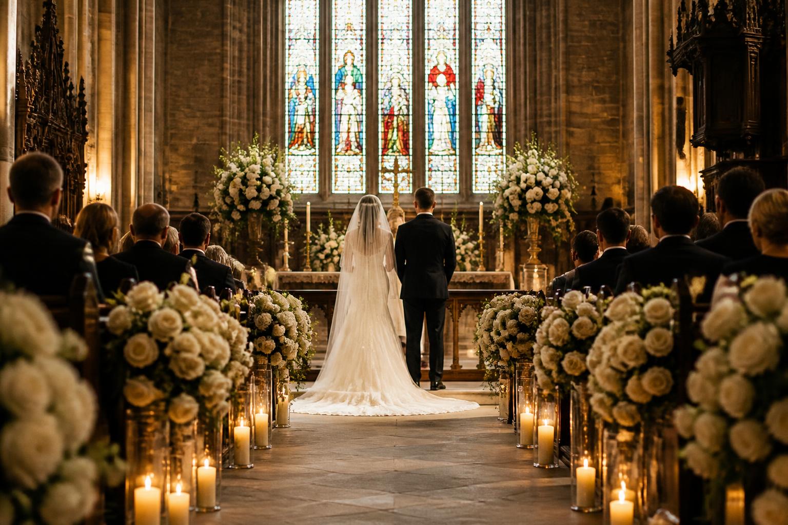 Traditional Western wedding ceremony with aisle, flowers and string quartet