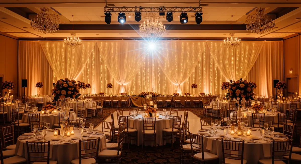 A candlelit wedding reception with dressed tables and warm ambient light.