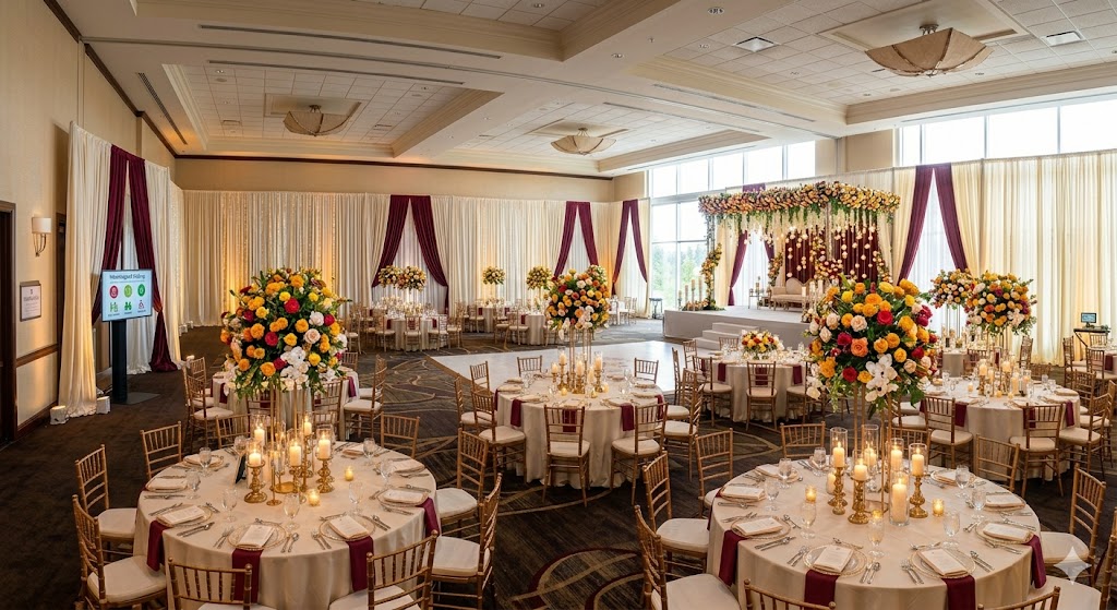 A wedding venue prepared for a celebration with tables and ceremony space.