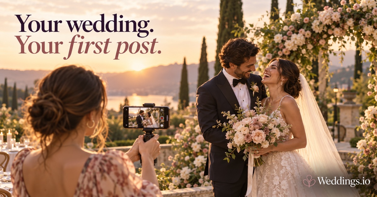An illustrative wedding content creator filming a newlywed couple in a garden on a smartphone rig at golden hour.